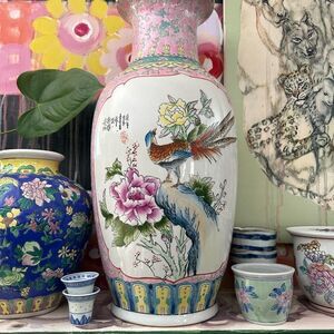 Jingdezhen Chinese Famille Rose Porcelain Vase Exotic Birds 18" Vintage